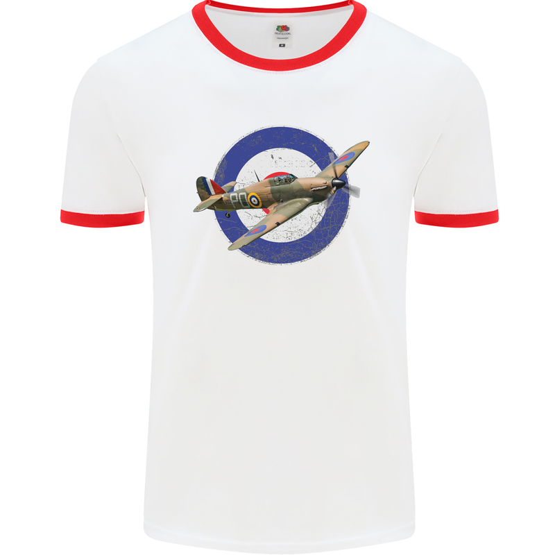 Hawker Hurricane With RAF Ensign Mens White Ringer T-Shirt White/Red