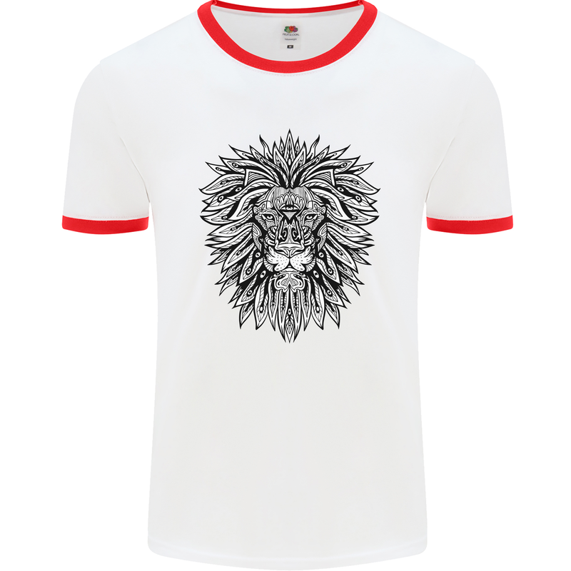 Lion Mandala Art Mens White Ringer T-Shirt White/Red