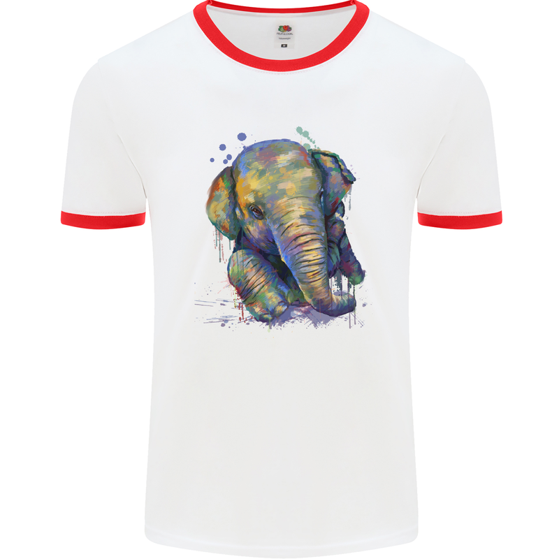 Elephant Hand Drawn Watercolour Mens White Ringer T-Shirt White/Red