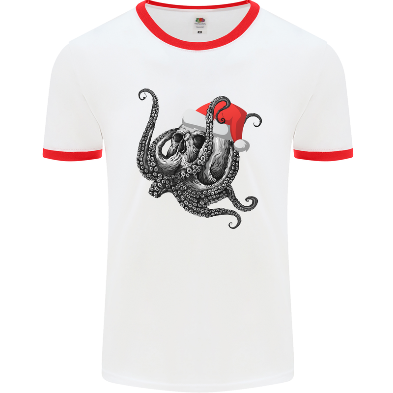 Christmas Cthulhu Skull Mens White Ringer T-Shirt White/Red