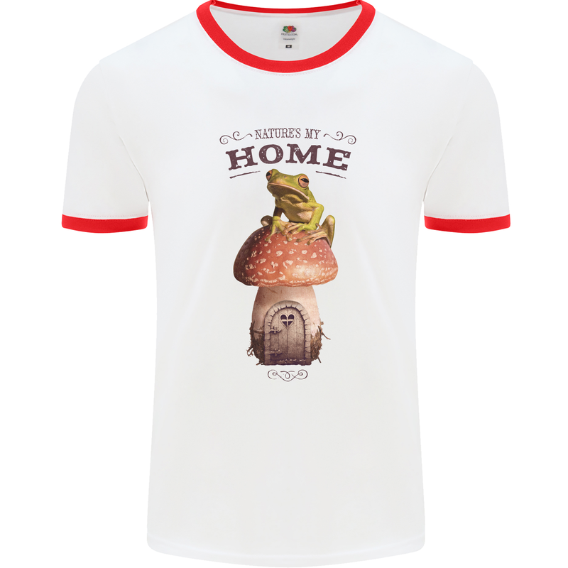 Nature My Home Mushroom Frog Mens Ringer T-Shirt White/Red
