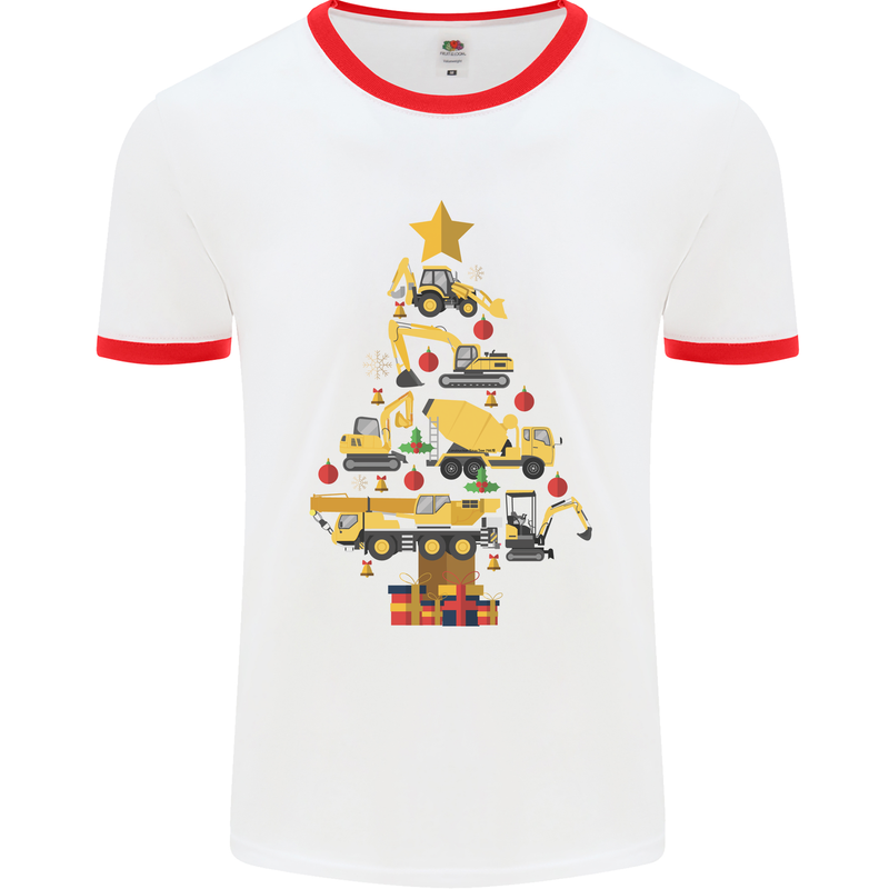 Construction Christmas Tree Digger Lorry Crane Mens White Ringer T-Shirt White/Red