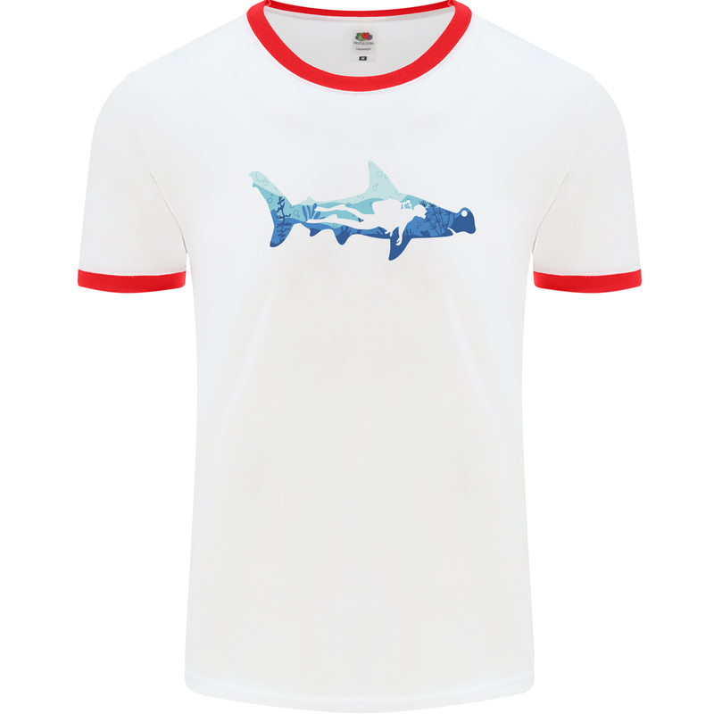 Hammerhead Shark Scuba Diver Diving Mens White Ringer T-Shirt White/Red