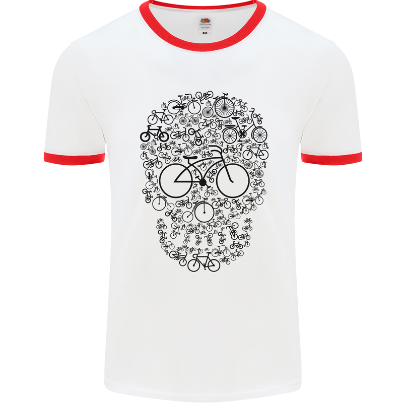 Bicycle Skull Cyclist Funny Cycling  Bike Mens White Ringer T-Shirt White/Red