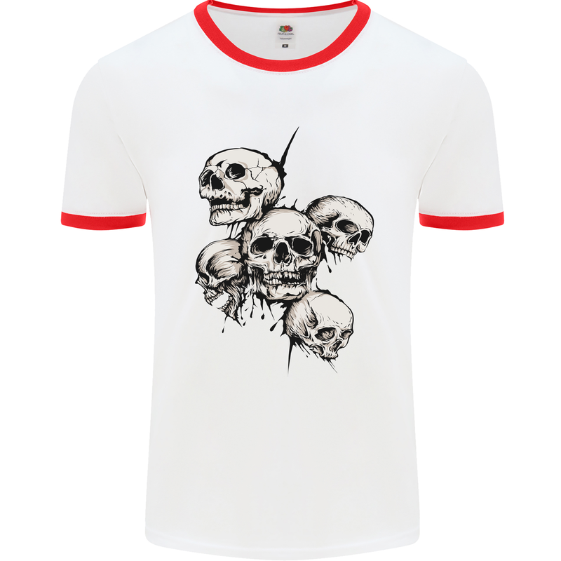 5 Skulls Demons Biker Gothic Heavy Metal Mens White Ringer T-Shirt White/Red