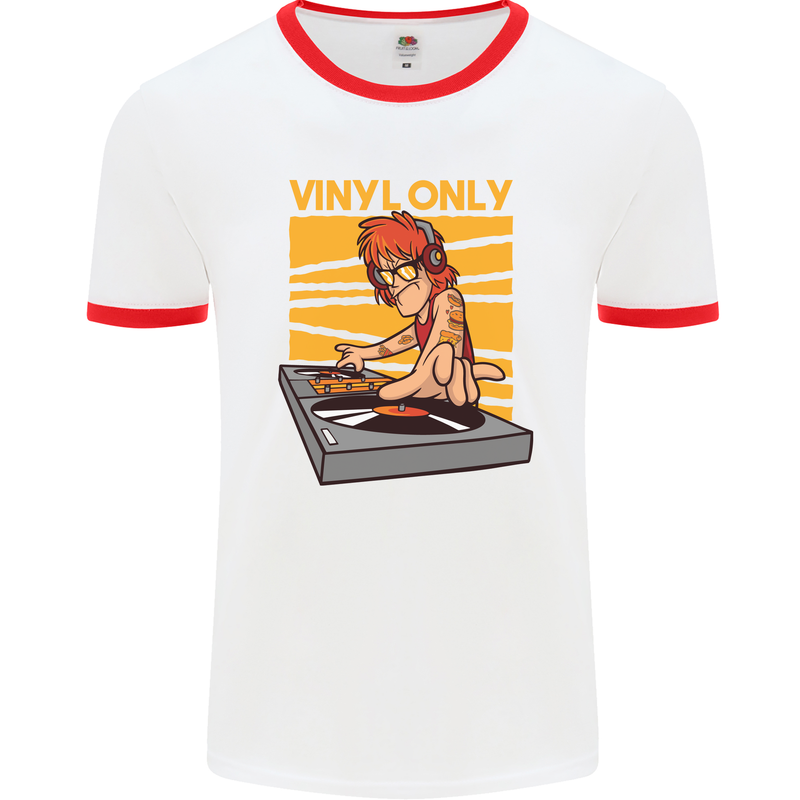 DJ Decks Vinyl Only Funny DJing Turntable Mens White Ringer T-Shirt White/Red