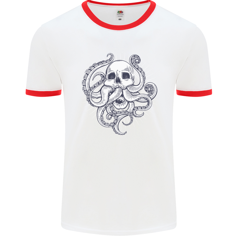 Cthulhu Skull Mens White Ringer T-Shirt White/Red