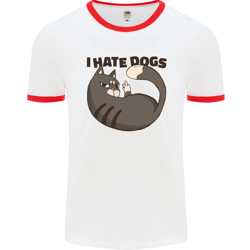 I Hate Dogs Funny Cat Lover Mens White Ringer T-Shirt White/Red