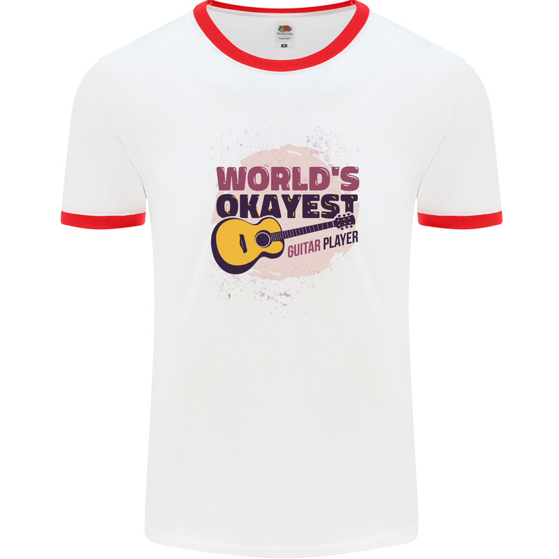 World's Okayest Guitar Player Funny Mens White Ringer T-Shirt White/Red