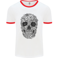 A Skull Made of Flowers Gothic Rock Biker Mens White Ringer T-Shirt White/Red