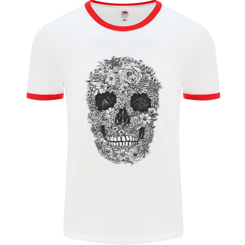 A Skull Made of Flowers Gothic Rock Biker Mens White Ringer T-Shirt White/Red