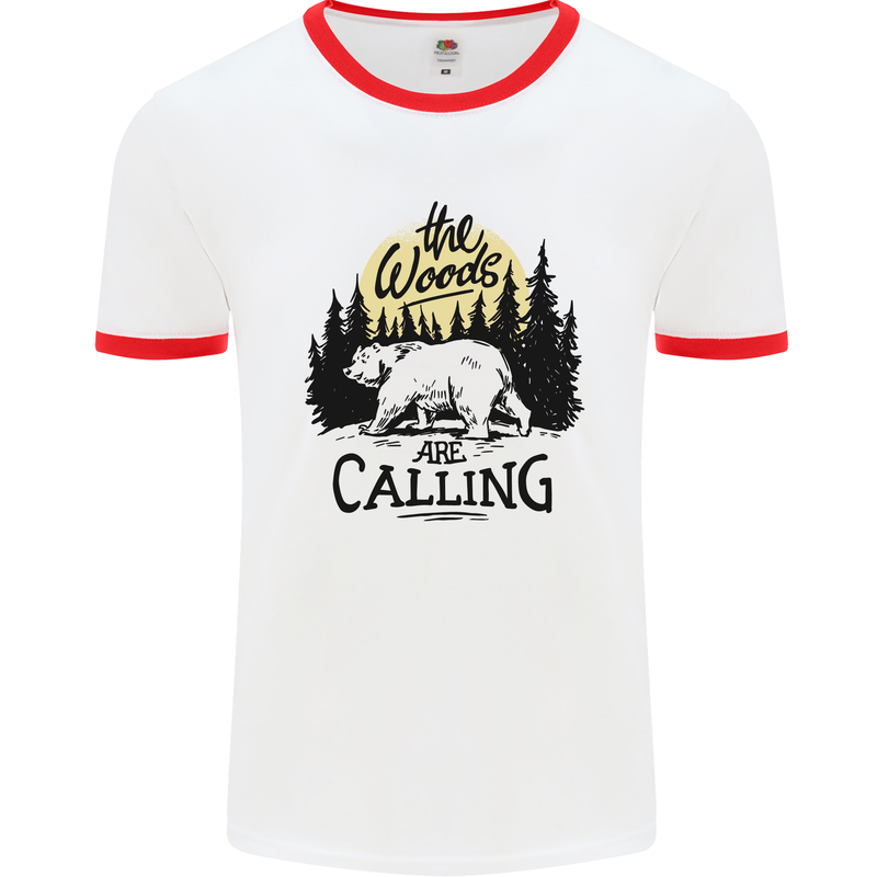 The Woods Calling Camping Trekking Bear Mens Ringer T-Shirt White/Red