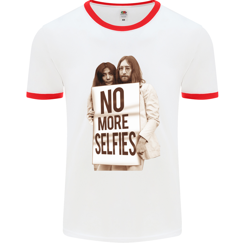 No More Selfies Funny Camer Photography Mens White Ringer T-Shirt White/Red