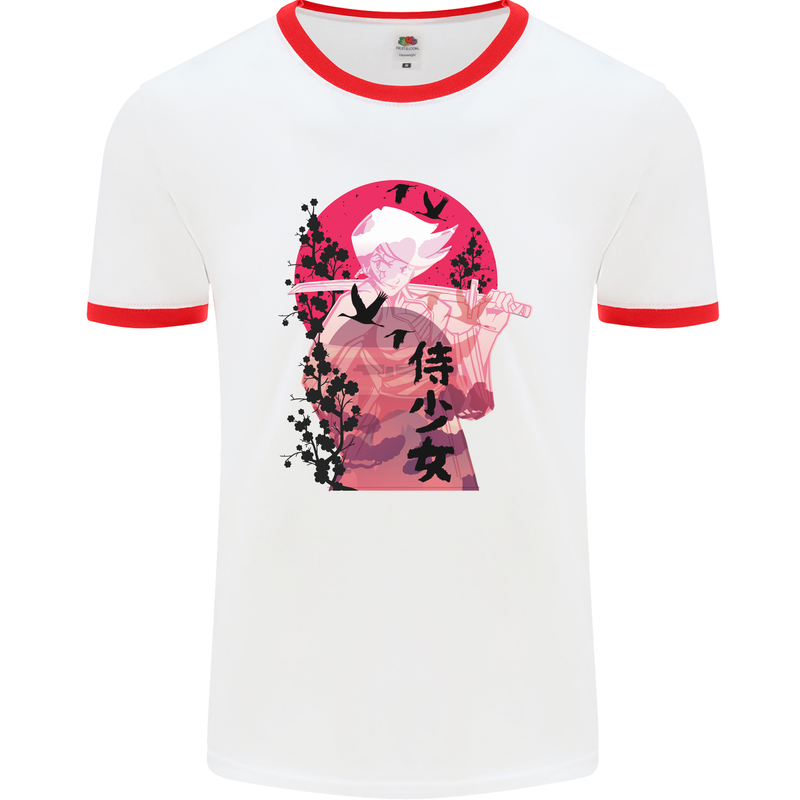 Anime Samurai Woman With Sword Mens White Ringer T-Shirt White/Red
