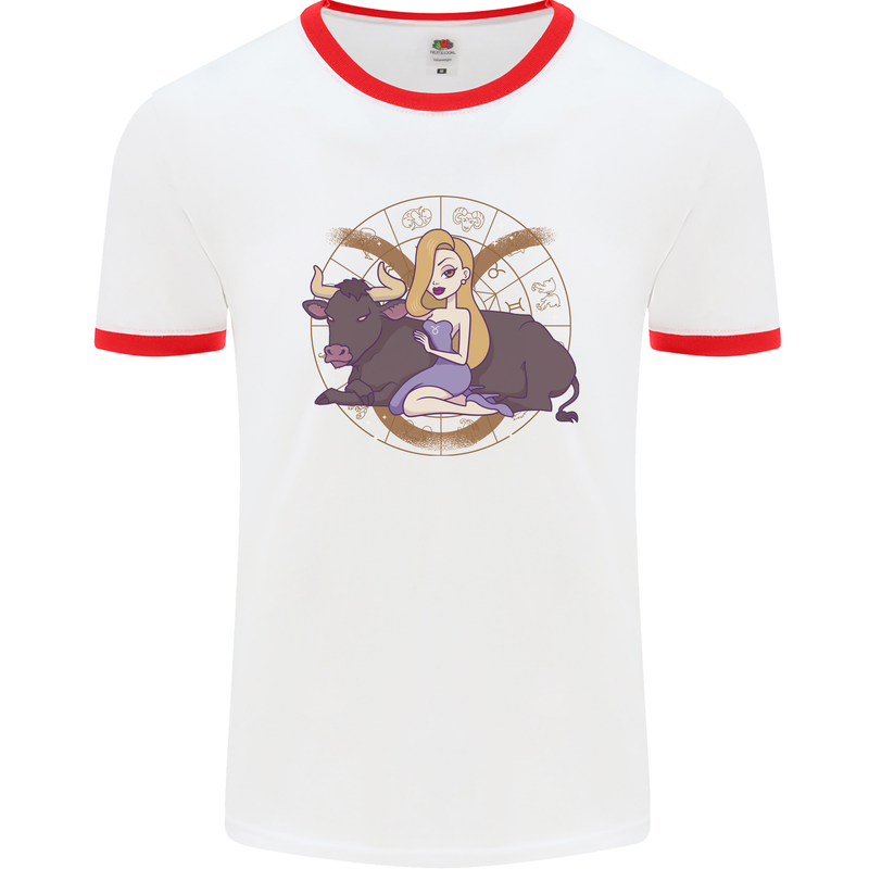 Taurus Star Sign Zodiac Astrological Mens Ringer T-Shirt White/Red