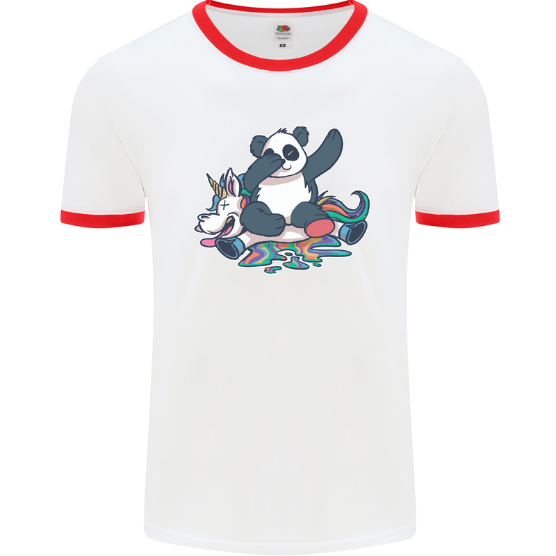 Dabbing Panda Squashing a Unicorn Funny Mens White Ringer T-Shirt White/Red