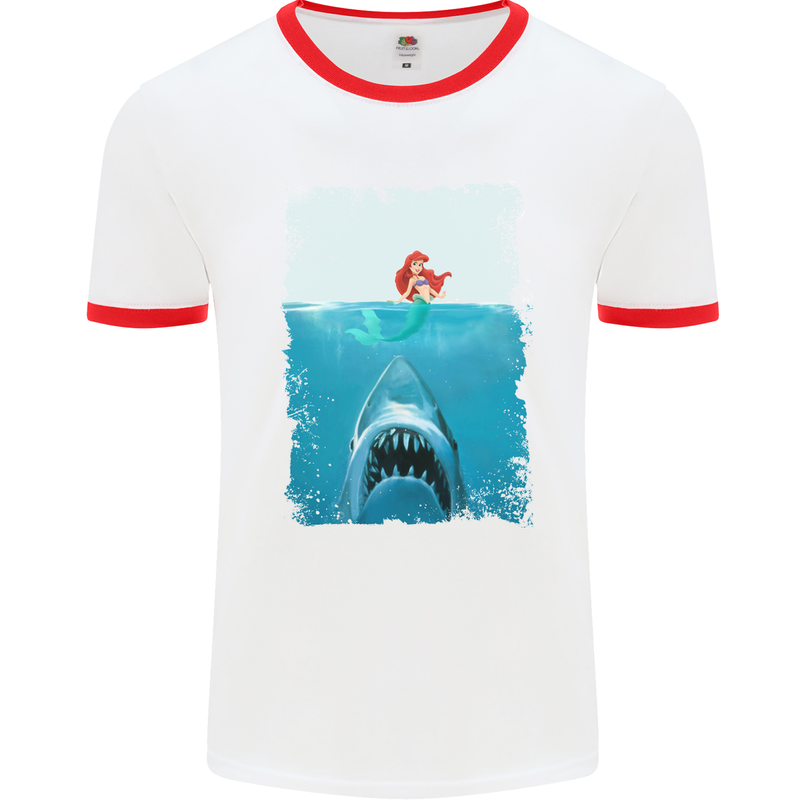 Funny Shark Parody Scuba Diving Fishing Mens White Ringer T-Shirt White/Red