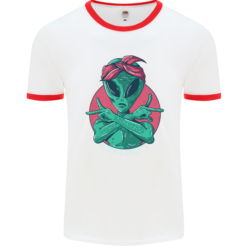 Funny Alien Gangster UFO 2Pac Rap Music Mens White Ringer T-Shirt White/Red