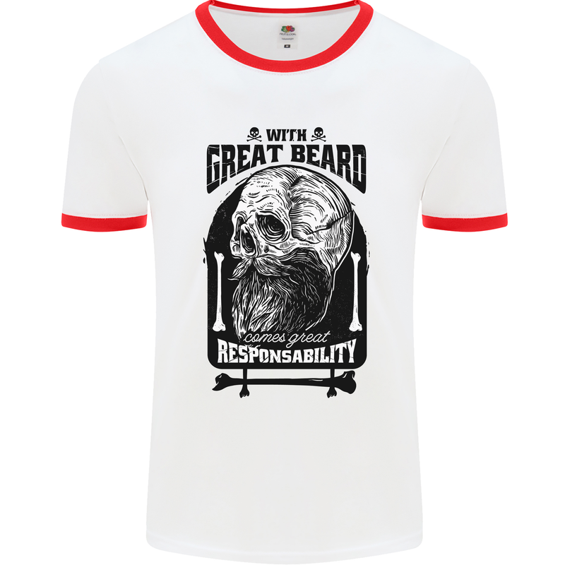 Great Beard Comes Great Responsibility Skull Mens White Ringer T-Shirt White/Red