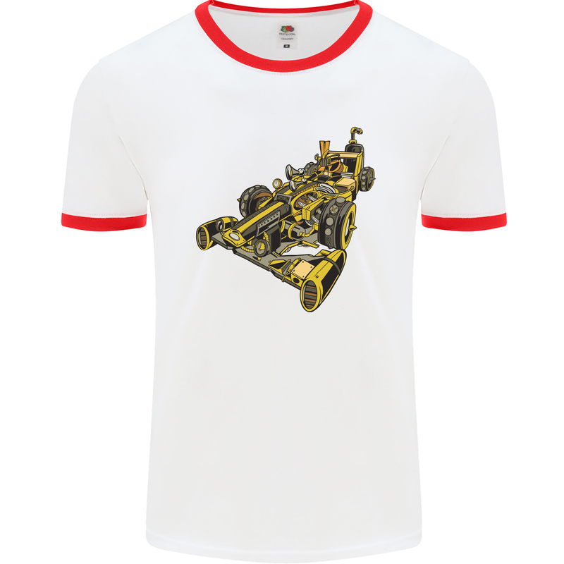 Steampunk Racing Car Mens White Ringer T-Shirt White/Red