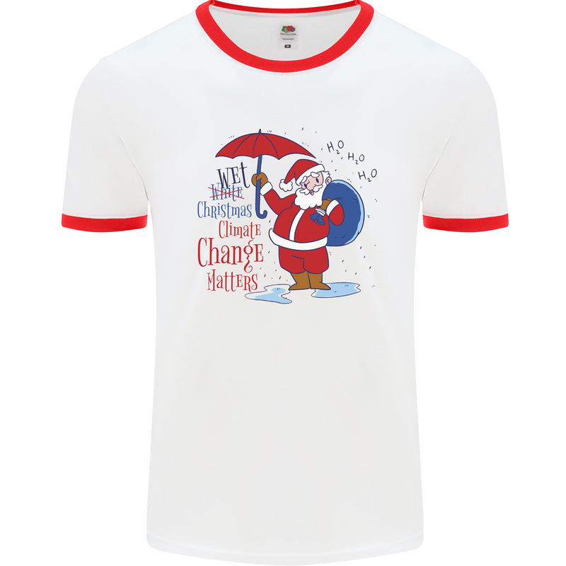 Christmas Climat Change Matters Santa Mens White Ringer T-Shirt White/Red