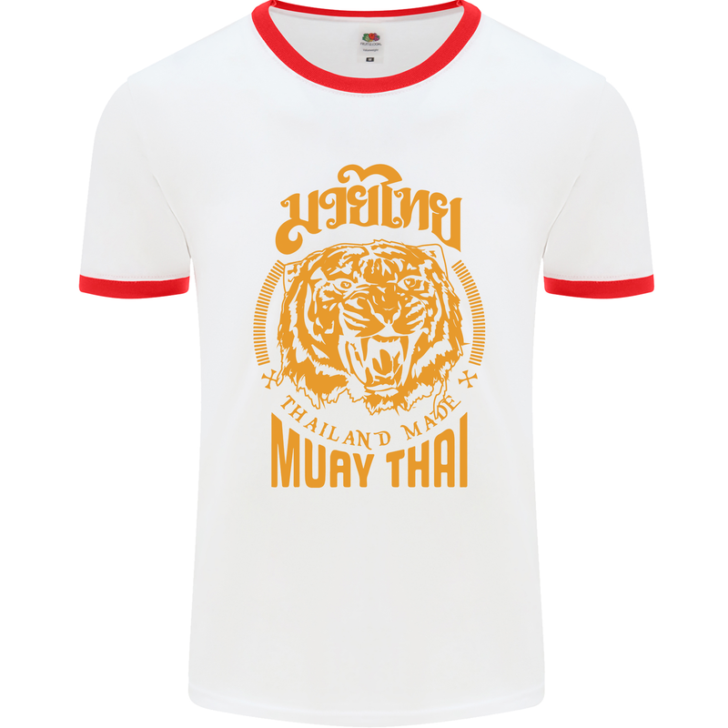 Muay Thai Fighter Warrior MMA Martial Arts Mens White Ringer T-Shirt White/Red