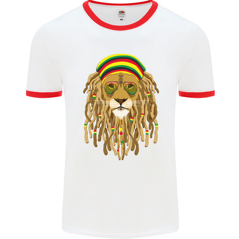 Dreadlock Rasta Lion Jamaica Jamaican Mens White Ringer T-Shirt White/Red