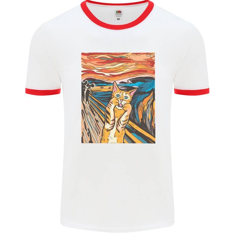 Cat Scream Painting Parody Mens White Ringer T-Shirt White/Red