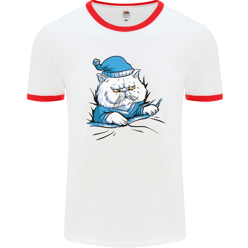 A Cat In Bed Under the Duvet Mens White Ringer T-Shirt White/Red