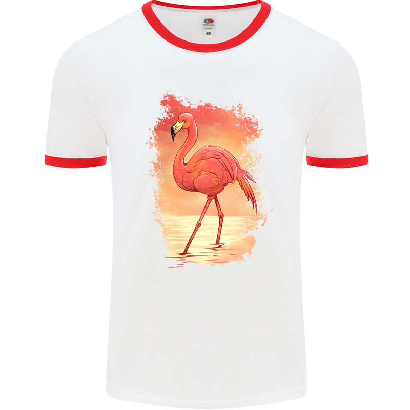 Flamingo Painting Mens White Ringer T-Shirt White/Red