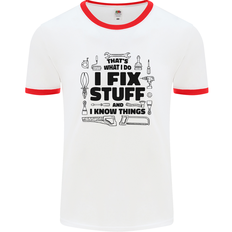 I Fix Stuff Funny Handyman Tradesman DIY Mens White Ringer T-Shirt White/Red