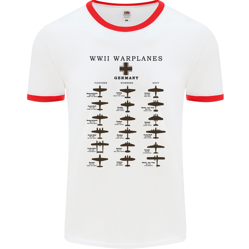 German War Planes WWII Fighters Aircraft Mens White Ringer T-Shirt White/Red