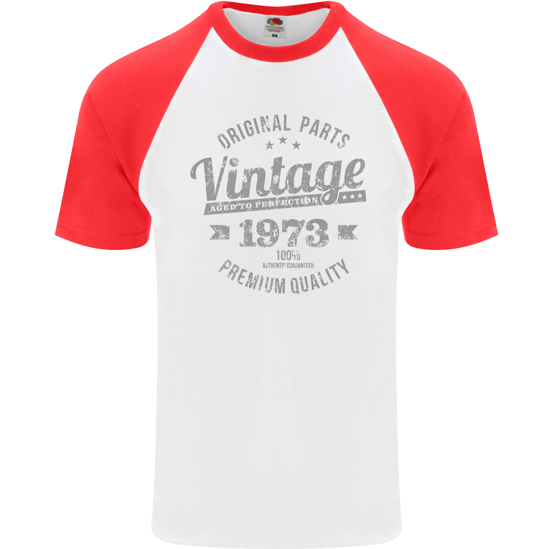 Vintage Year 50th Birthday 1973 Mens S/S Baseball T-Shirt White/Red