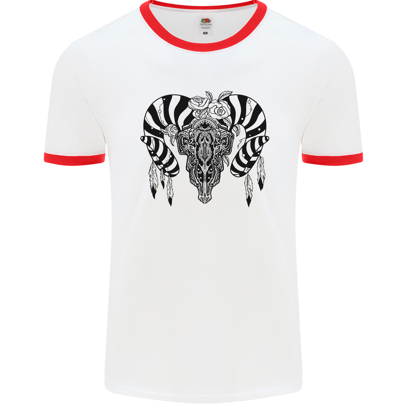 Tribal Bull Skull Buffalo Mens White Ringer T-Shirt White/Red