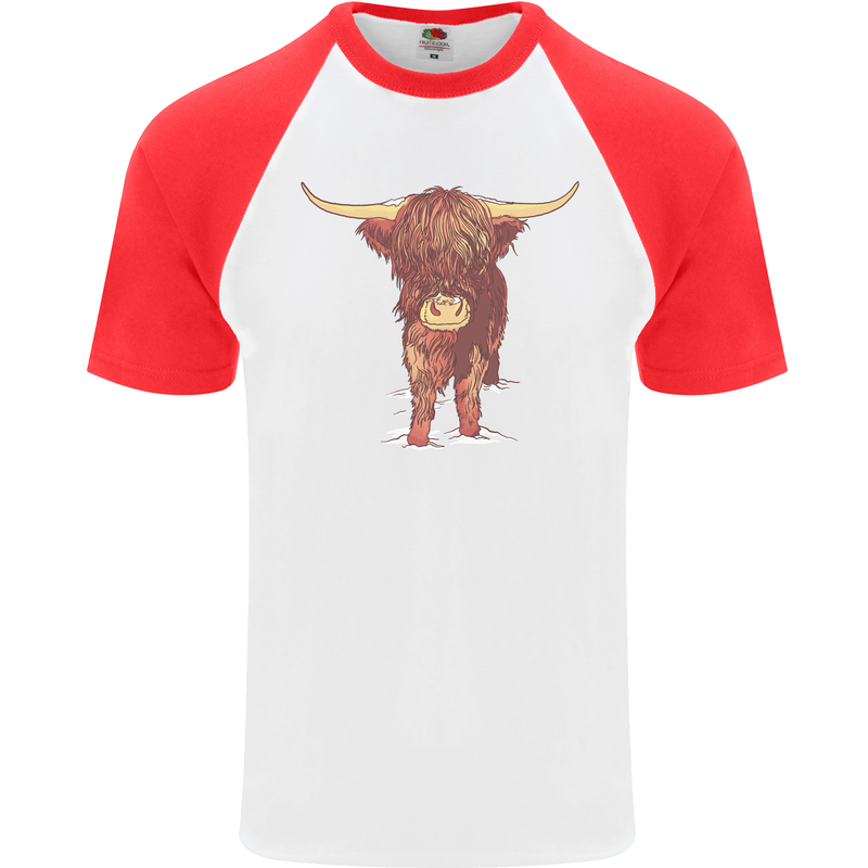 Highland Cattle Cow Scotland Scottish Mens S/S Baseball T-Shirt White/Red