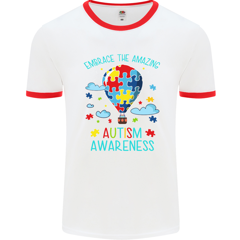 Autism Awareness Embrace Amazing Autistic Mens White Ringer T-Shirt White/Red