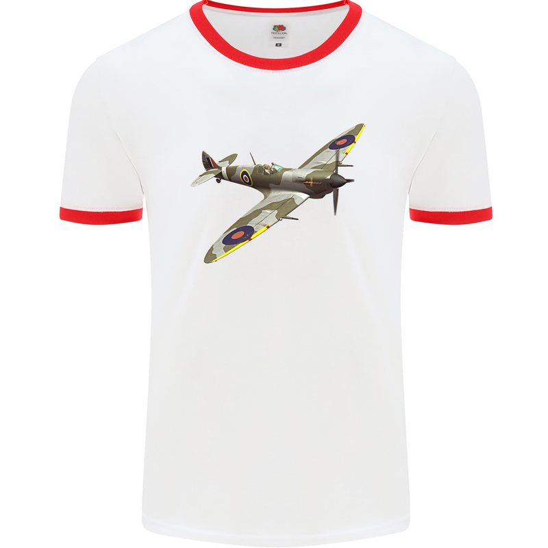 A Supermarine Spitfire Fying Solo Mens White Ringer T-Shirt White/Red