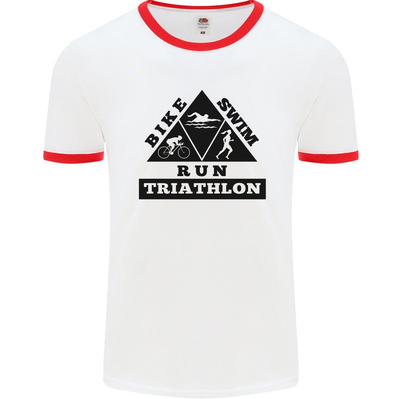 Triathlon Triangle Running Swimming Cycling Mens White Ringer T-Shirt White/Red