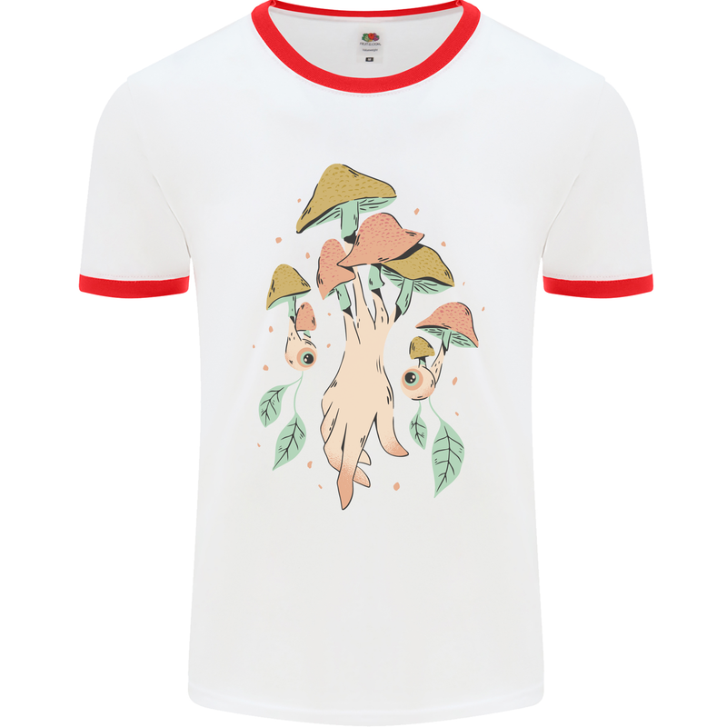 Trippy Magic Mushrooms With Eyes Mens White Ringer T-Shirt White/Red