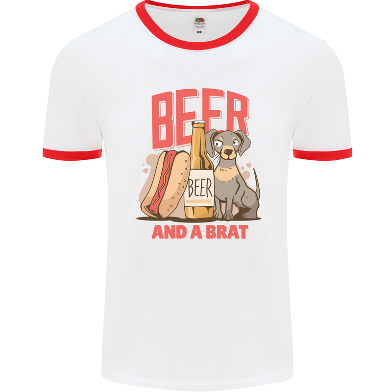 Beer and a Brat Funny Dog Alcohol Hotdog Mens White Ringer T-Shirt White/Red