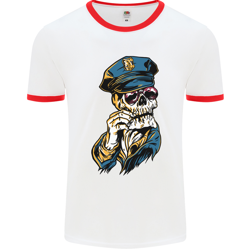 Policeman Skull Police Officer Force Mens White Ringer T-Shirt White/Red