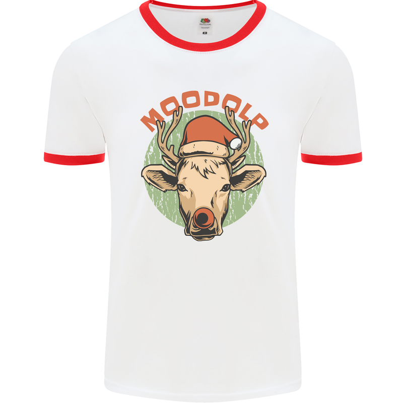 Moodolf Funny Rudolf Christmas Cow Mens Ringer T-Shirt White/Red