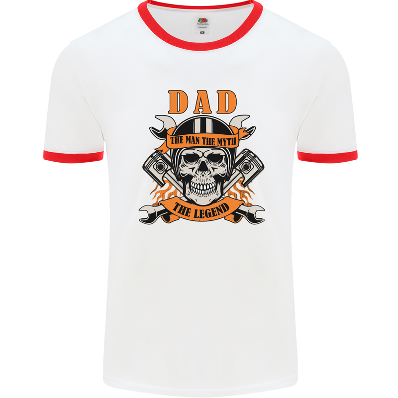 Biker Dad the Man Myth Legend Funny Mens White Ringer T-Shirt White/Red