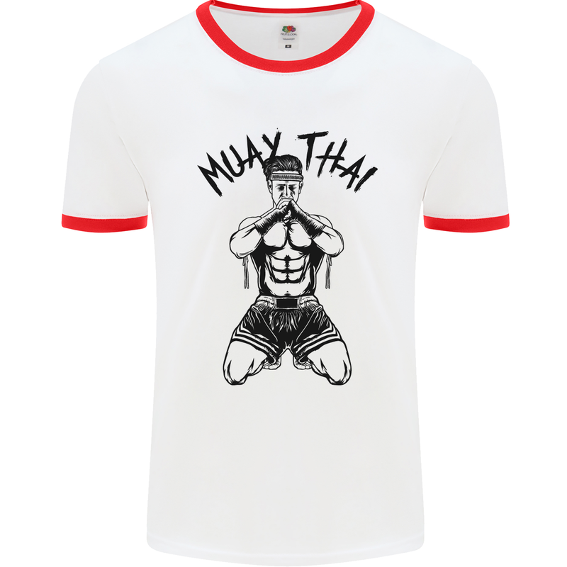 Muay Thai Fighter Mixed Martial Arts MMA Mens White Ringer T-Shirt White/Red