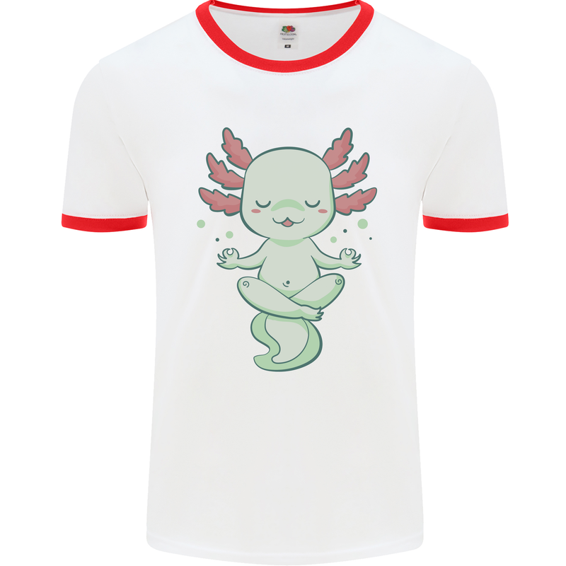 Meditating Axolot Yoga Spiritual Mens Ringer T-Shirt White/Red