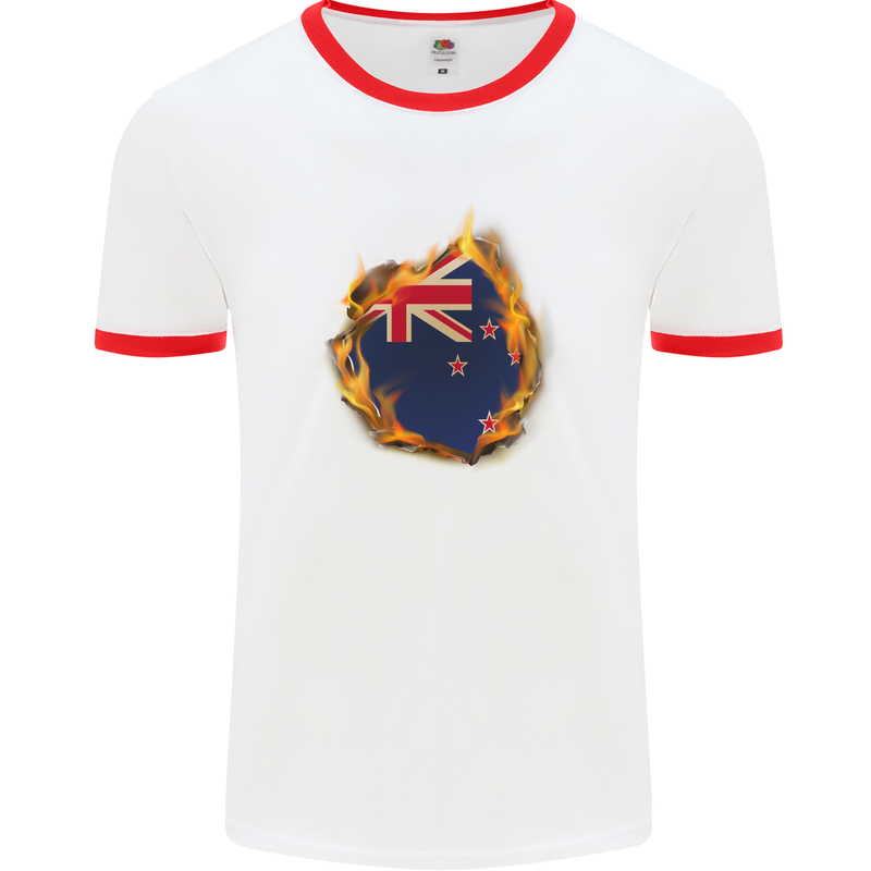 The Flag of New Zealand Fire Effect Kiwi Mens White Ringer T-Shirt White/Red