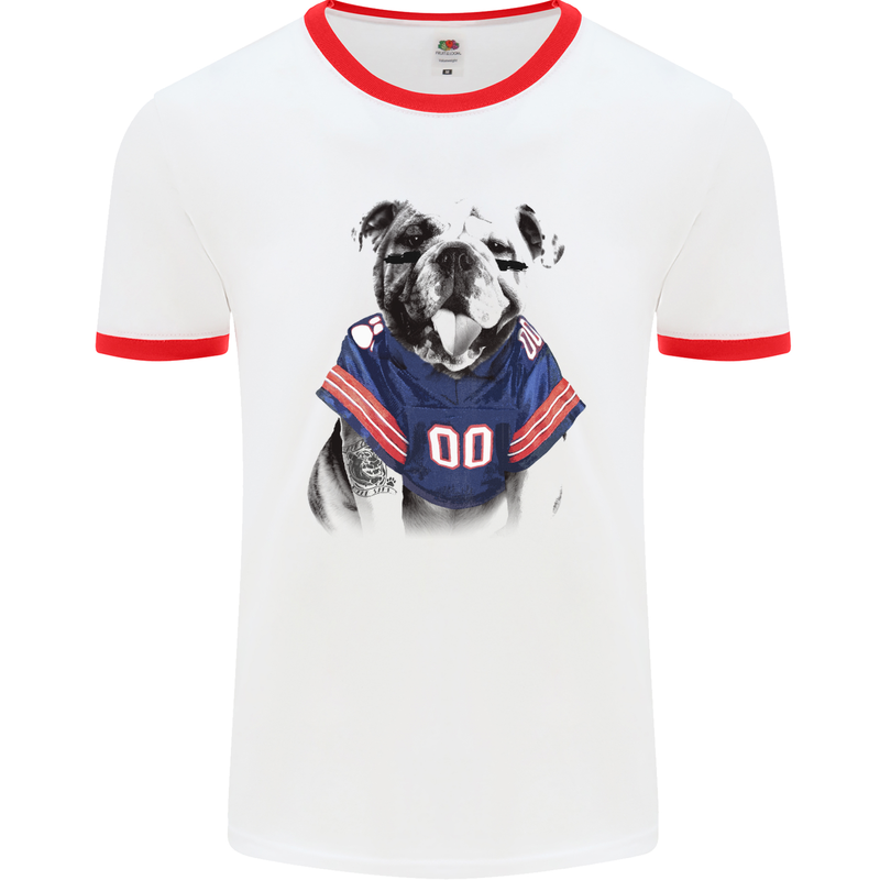 American Football Bulldog With Tattoos Mens White Ringer T-Shirt White/Red