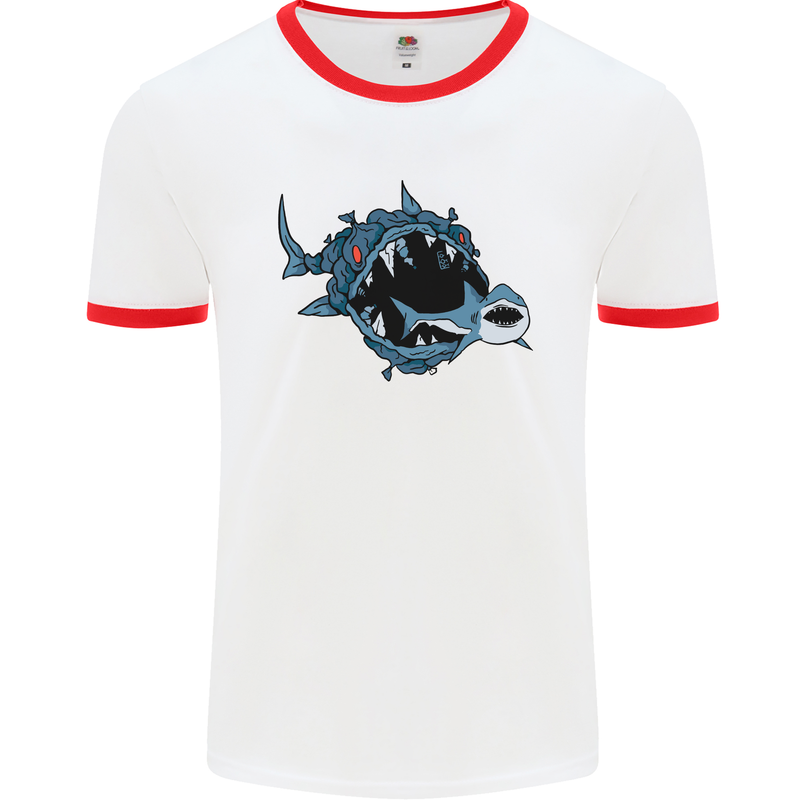 Pollution Great White Shark Climate Change Mens White Ringer T-Shirt White/Red