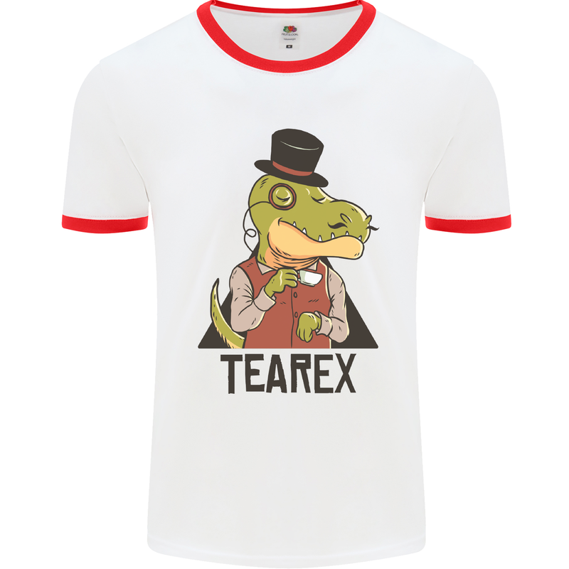 TeaRex Funny T-Rex Dinosaur Tea Drinker Mens White Ringer T-Shirt White/Red