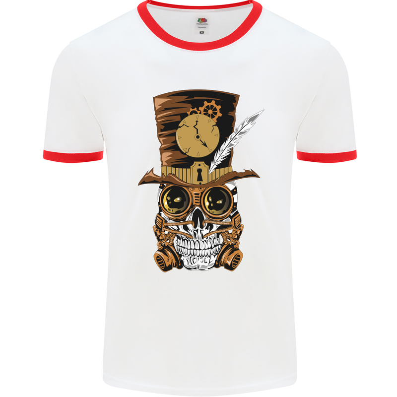 Steampunk Skull Mens White Ringer T-Shirt White/Red